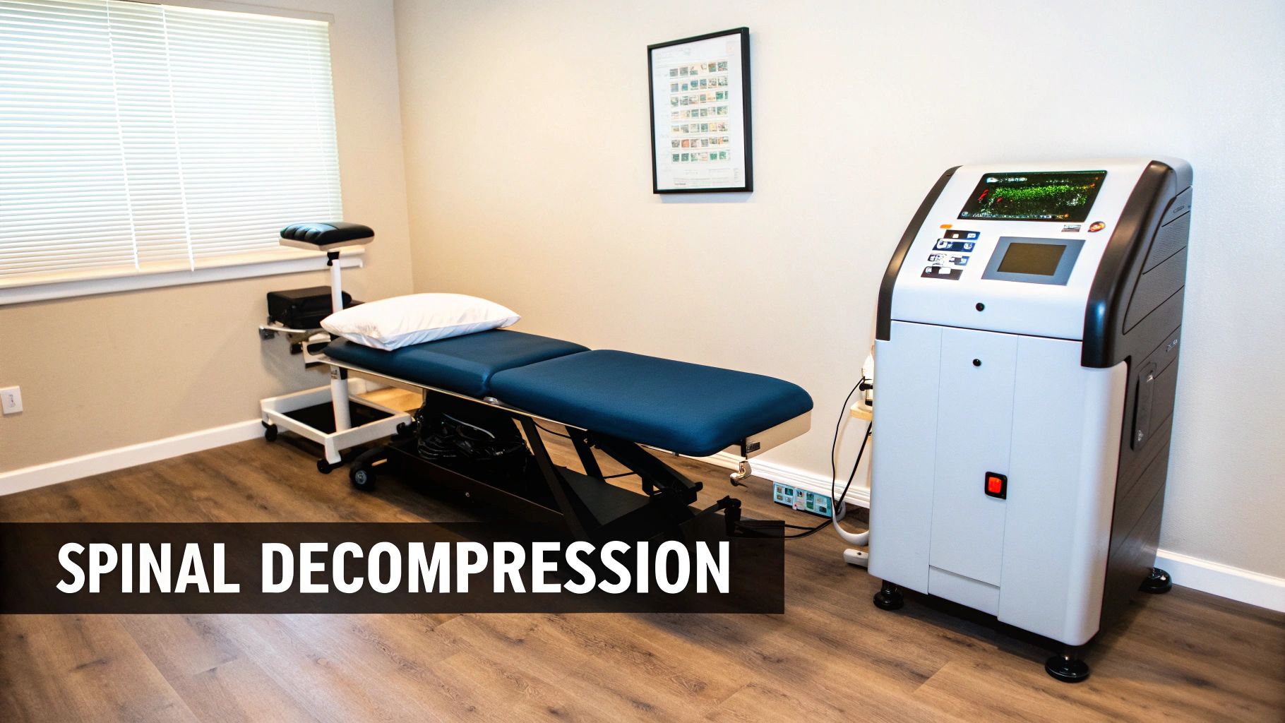 A modern spinal decompression machine next to a treatment table in a clean medical clinic.