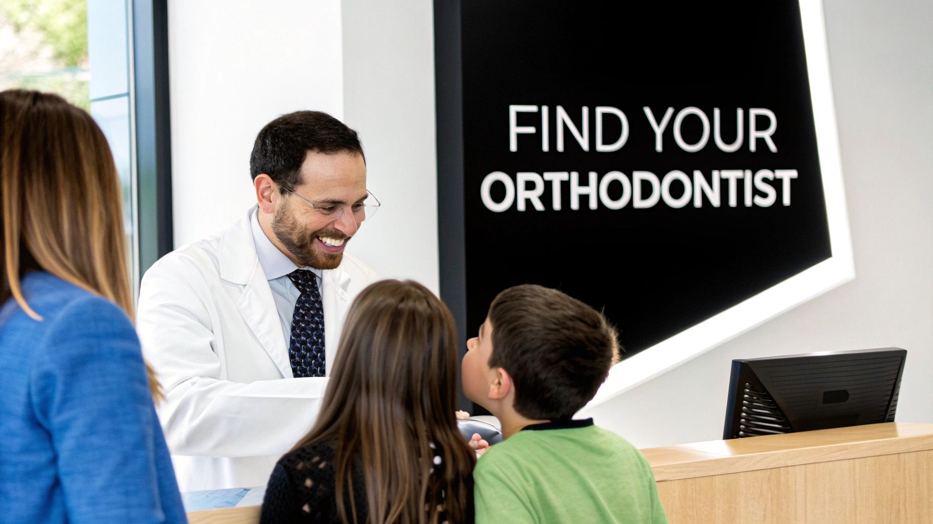 A friendly orthodontist smiles at a mother and her two children at a reception desk with a 'FIND YOUR ORTHODONTIST' sign.
