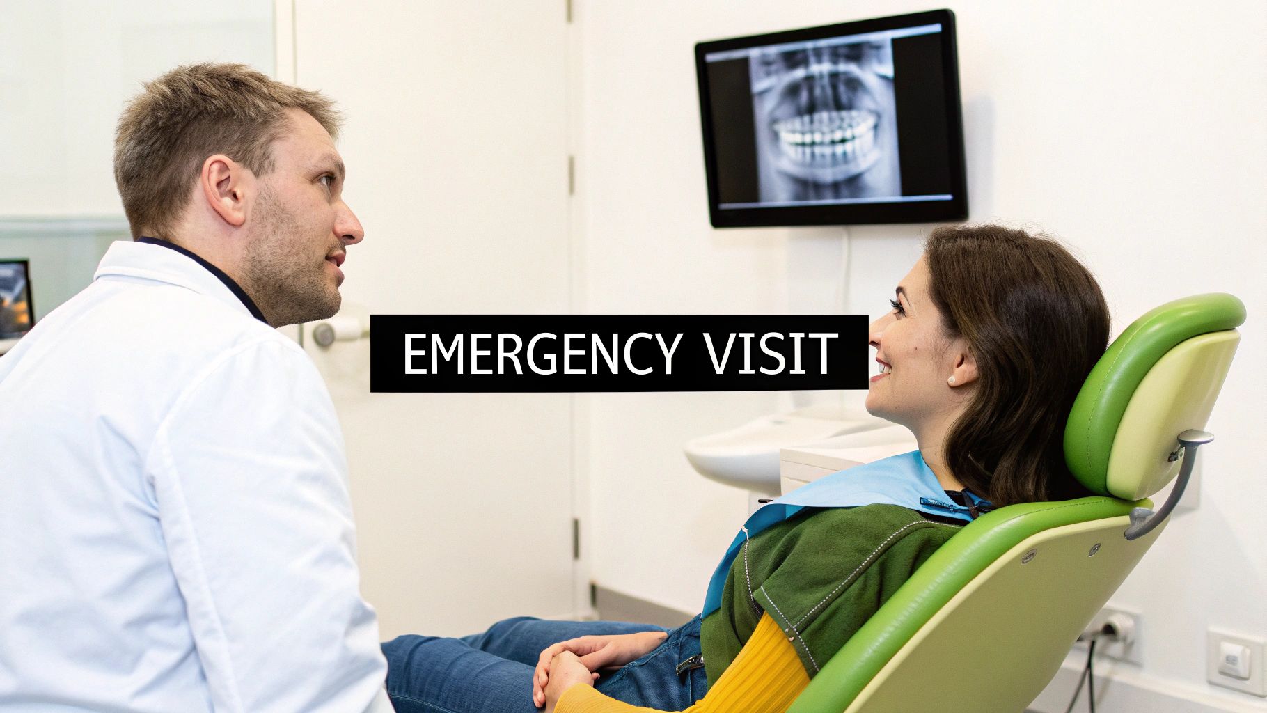 A dentist in a white coat talks to a smiling female patient in a dental chair, with a teeth X-ray on a monitor and the text "EMERGENCY VISIT".