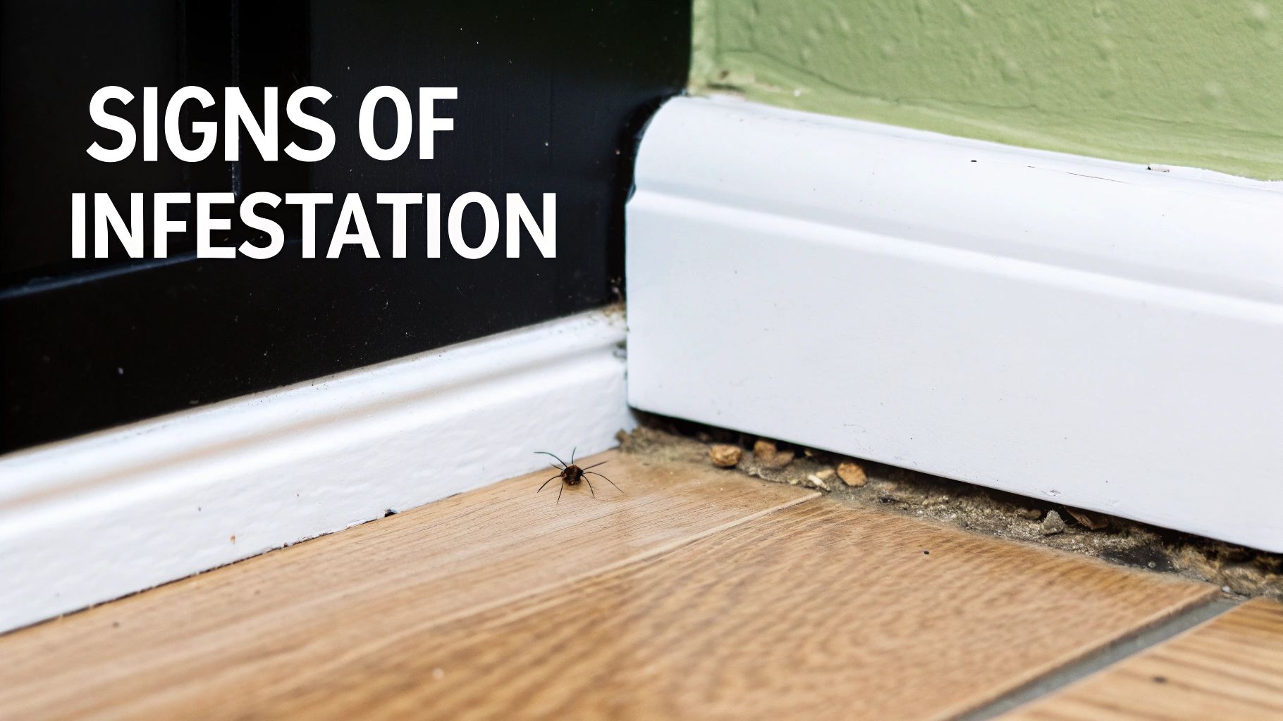 A small bug on a wooden floor near a dirty baseboard, illustrating signs of infestation.