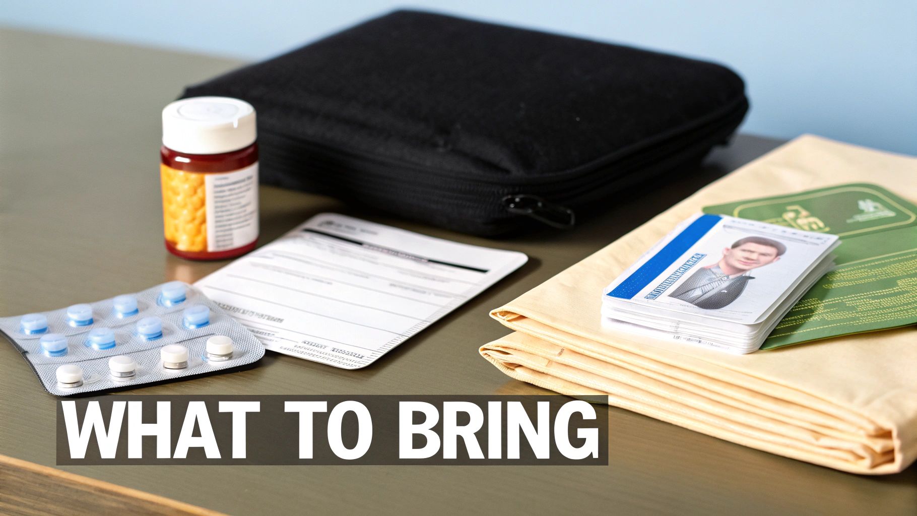 Essential items like medication, personal documents, and a travel kit arranged on a table.