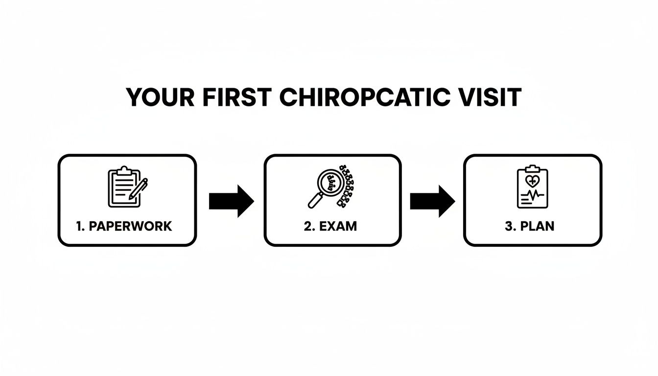 Flowchart detailing the three steps of a first chiropractic visit: paperwork, exam, and plan.
