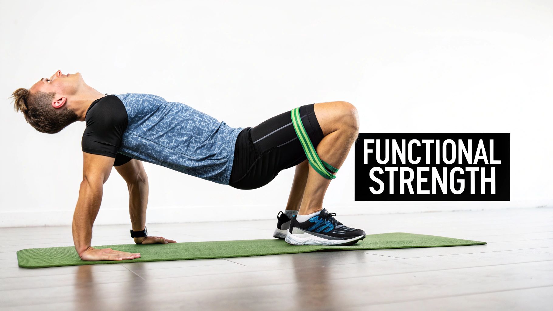 A man performs a functional strength exercise with a resistance band on a mat, demonstrating a workout.