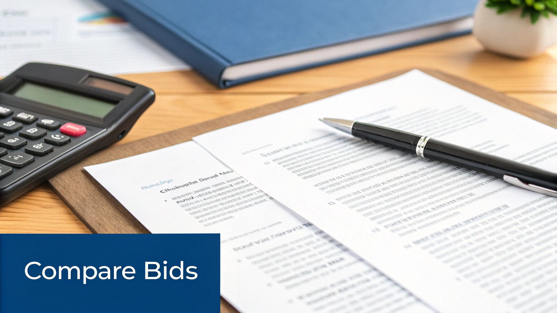 Wheeler Painting and Restoration Services | How to Choose a General Contractor in Puget Sound Close-up of a calculator, documents, and pen on a desk, with text 'Compare Bids'.