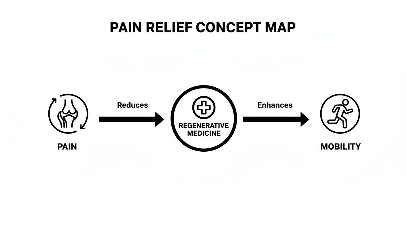 Concept map illustrating how regenerative medicine reduces pain and enhances mobility.