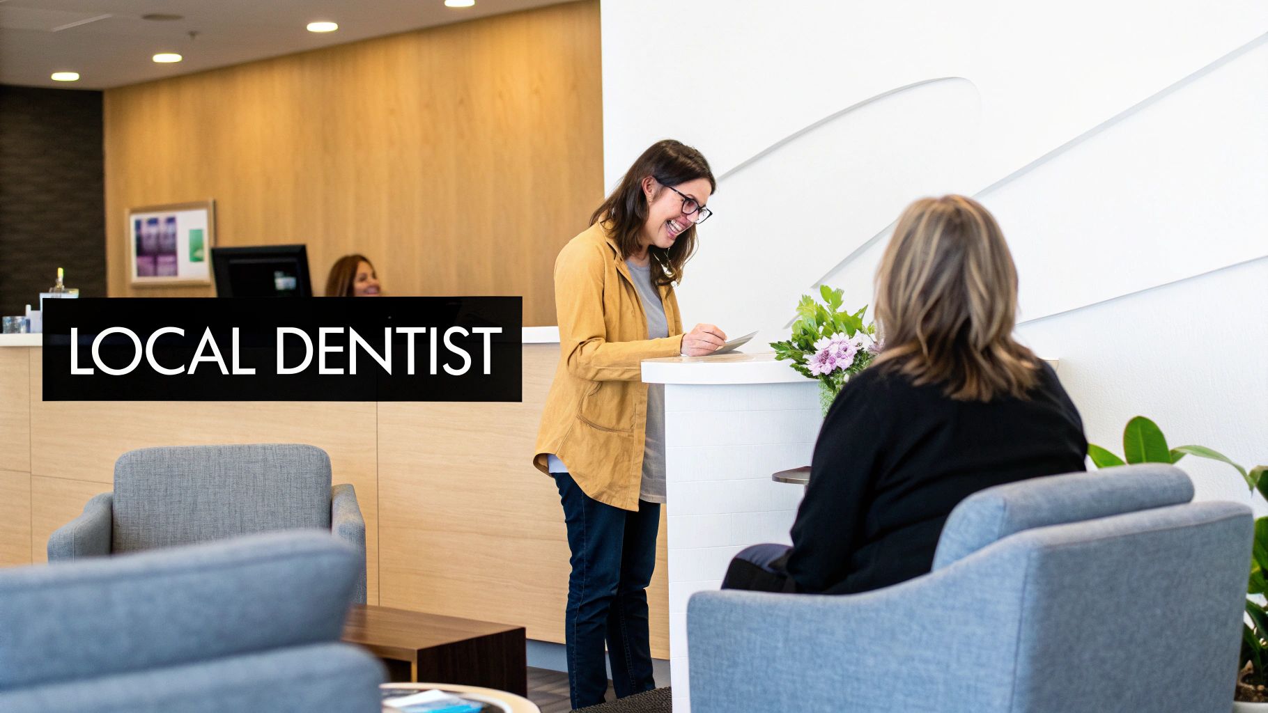 Seven Oaks - Dentistry & Sleep Medicine | Finding a Private Practice Dental Office Near Me in Wesley Chapel A smiling woman checks in at the front desk of a modern dental office.