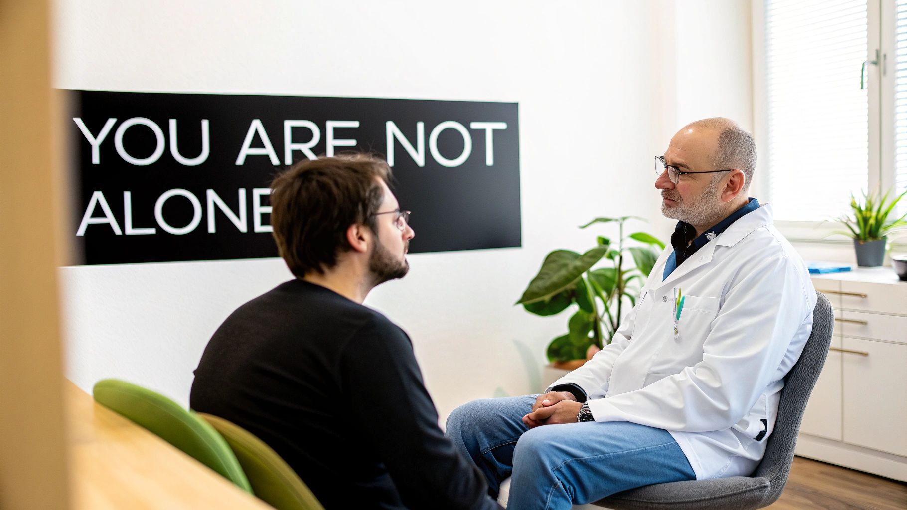 A doctor consults a male patient in an office, with a 'YOU ARE NOT ALONE' sign in the background.