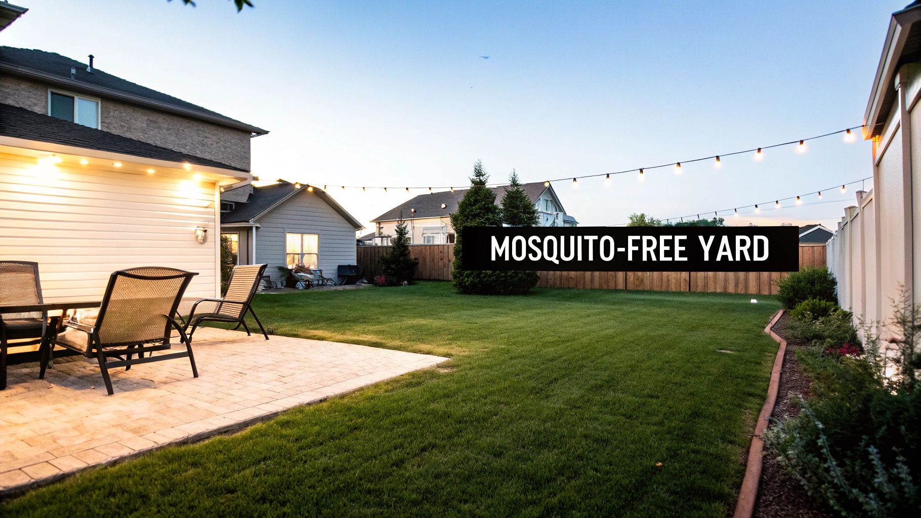 A beautiful backyard patio at dusk with string lights, outdoor furniture, and a lush green lawn, featuring text 'MOSQUITO-FREE YARD'.