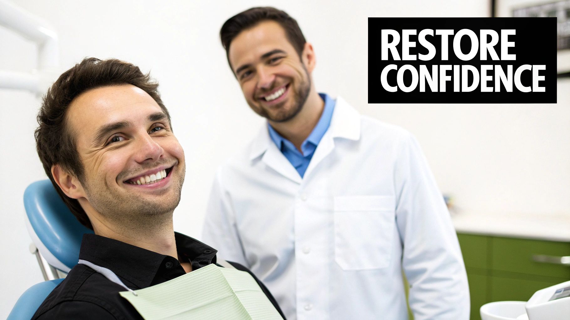 A happy male patient in a dental chair with a smiling male dentist, promoting restored confidence.