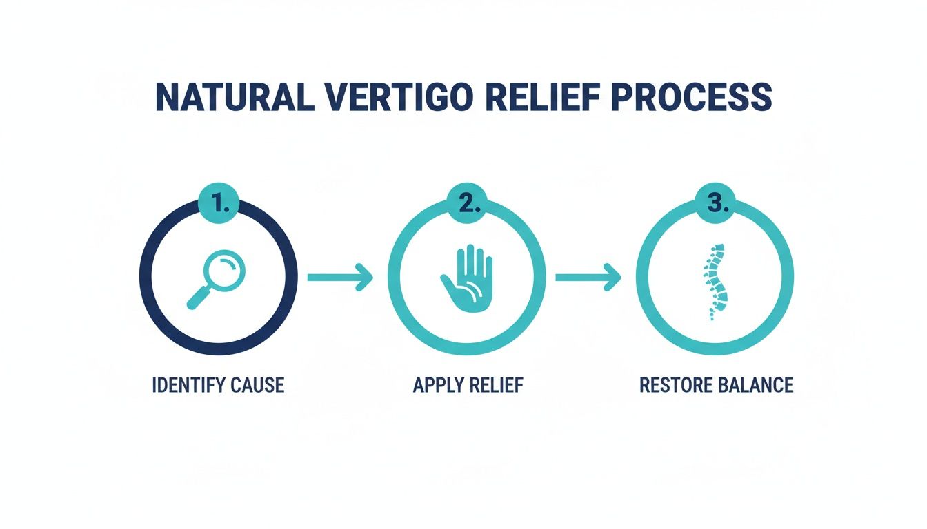 A three-step infographic detailing the natural vertigo relief process: identify cause, apply relief, restore balance.