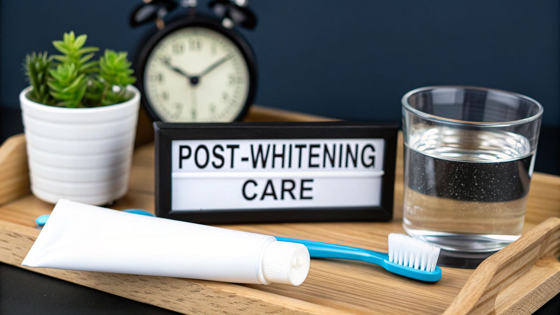 A wooden tray with items for post-whitening care: toothpaste, toothbrush, water, and a lightbox sign.