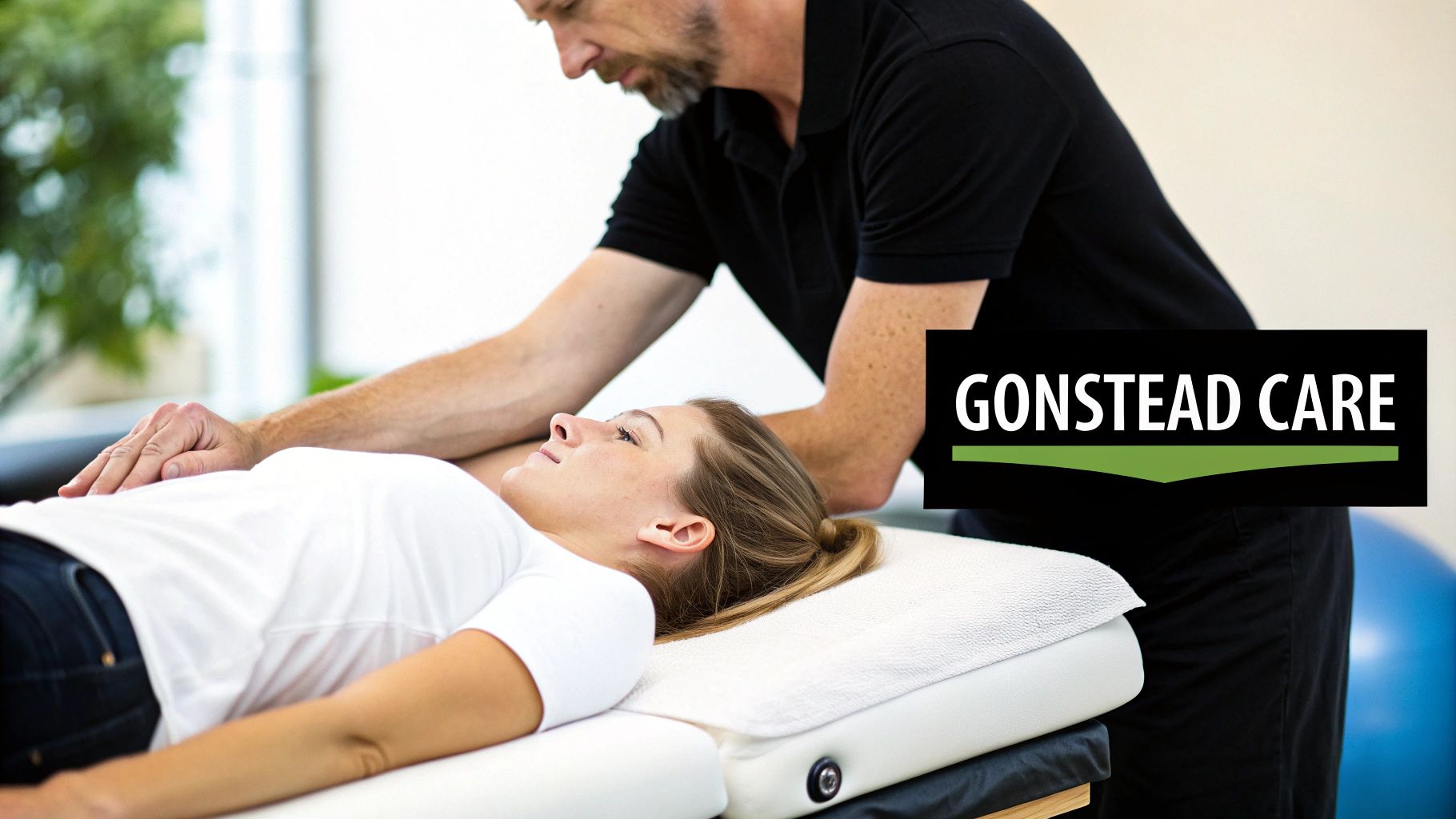 A male chiropractor adjusts a female patient's back on a treatment table at Gonstead Care.