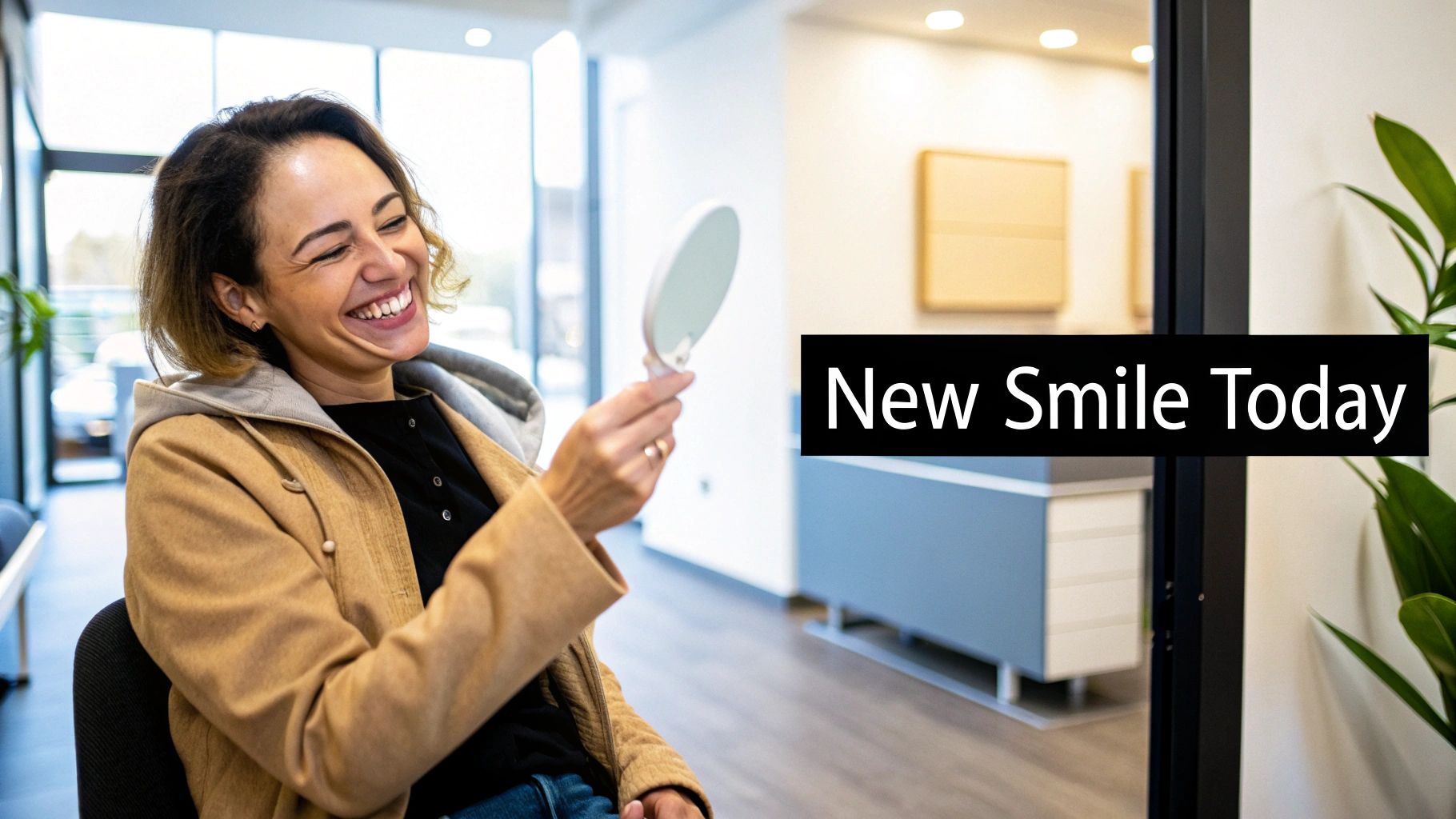 A happy woman in a modern clinic smiling at her reflection in a small mirror, celebrating a new smile.