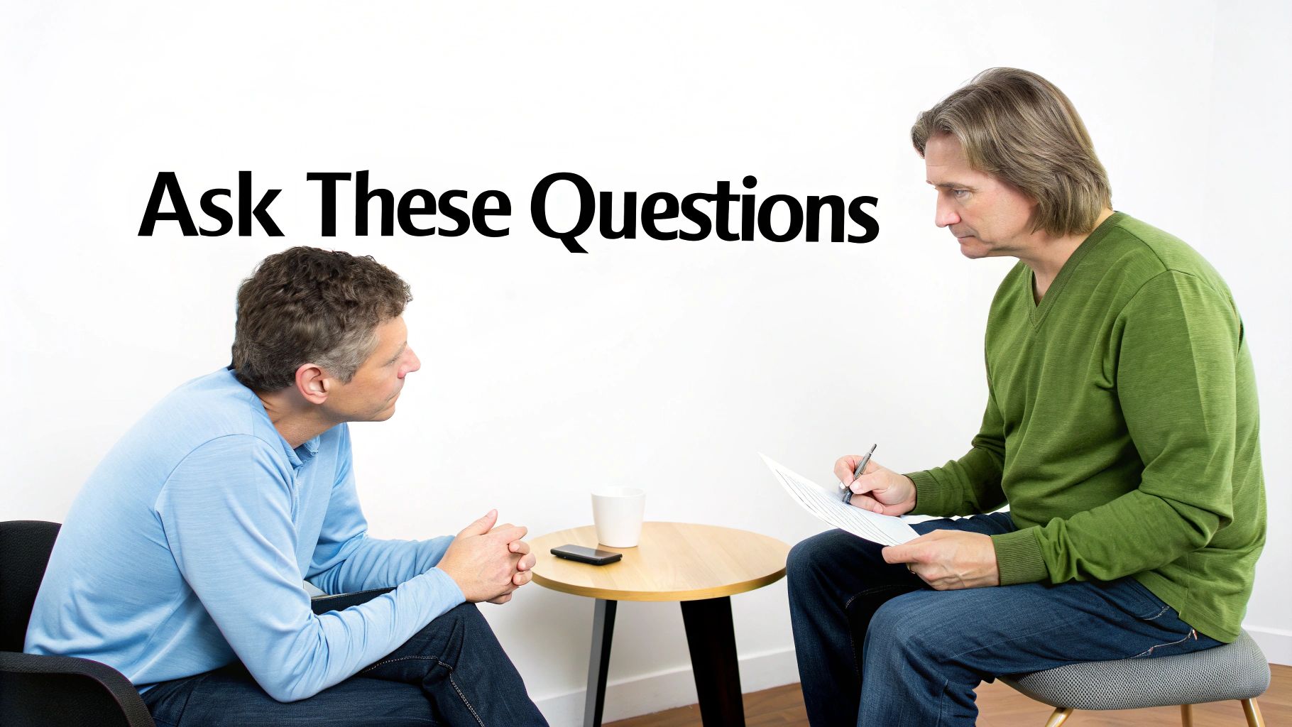 Two men in a consultation, one listening and the other taking notes, with 'Ask These Questions' text.
