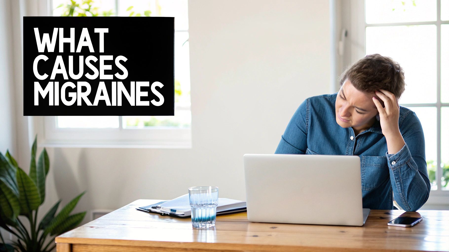 A person looking distressed and holding their head while sitting at a desk with a laptop. Text: WHAT CAUSES MIGRAINES.