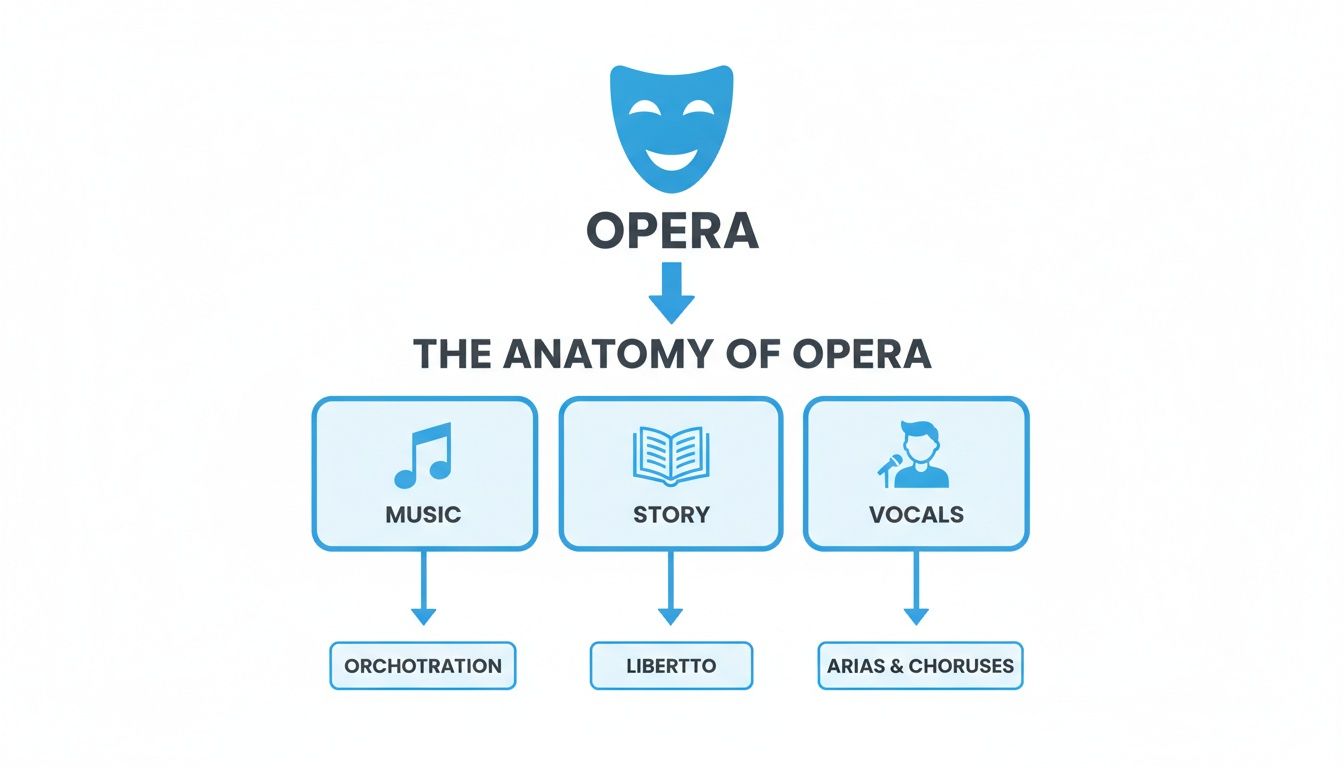 A diagram illustrating the anatomy of opera, detailing its components: music, story, and vocals with their respective elements.