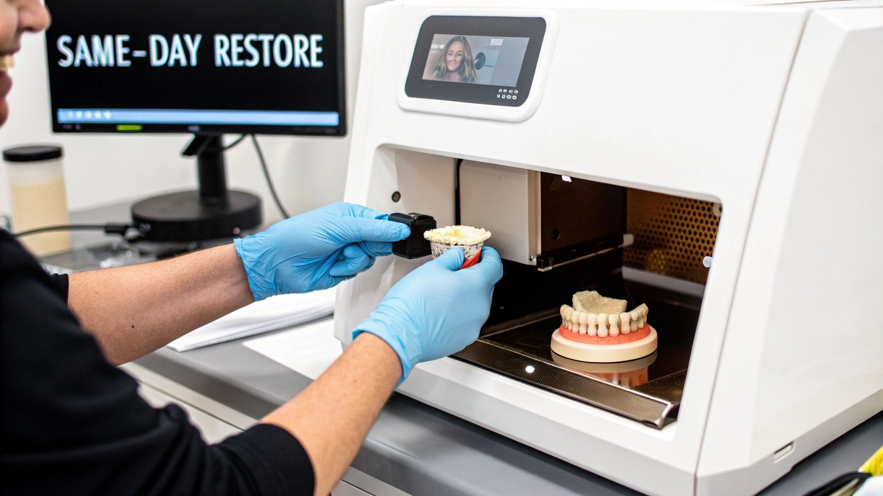 Person in blue gloves operating a dental 3D printer for same-day tooth restorations, showing a dental model.