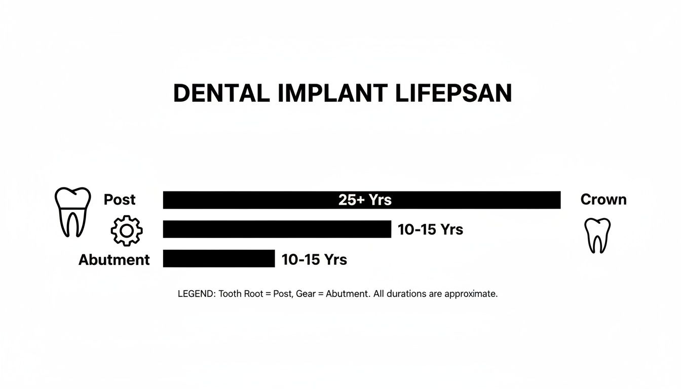 Diagram illustrating the approximate lifespan of dental implant components: post, abutment, and crown.