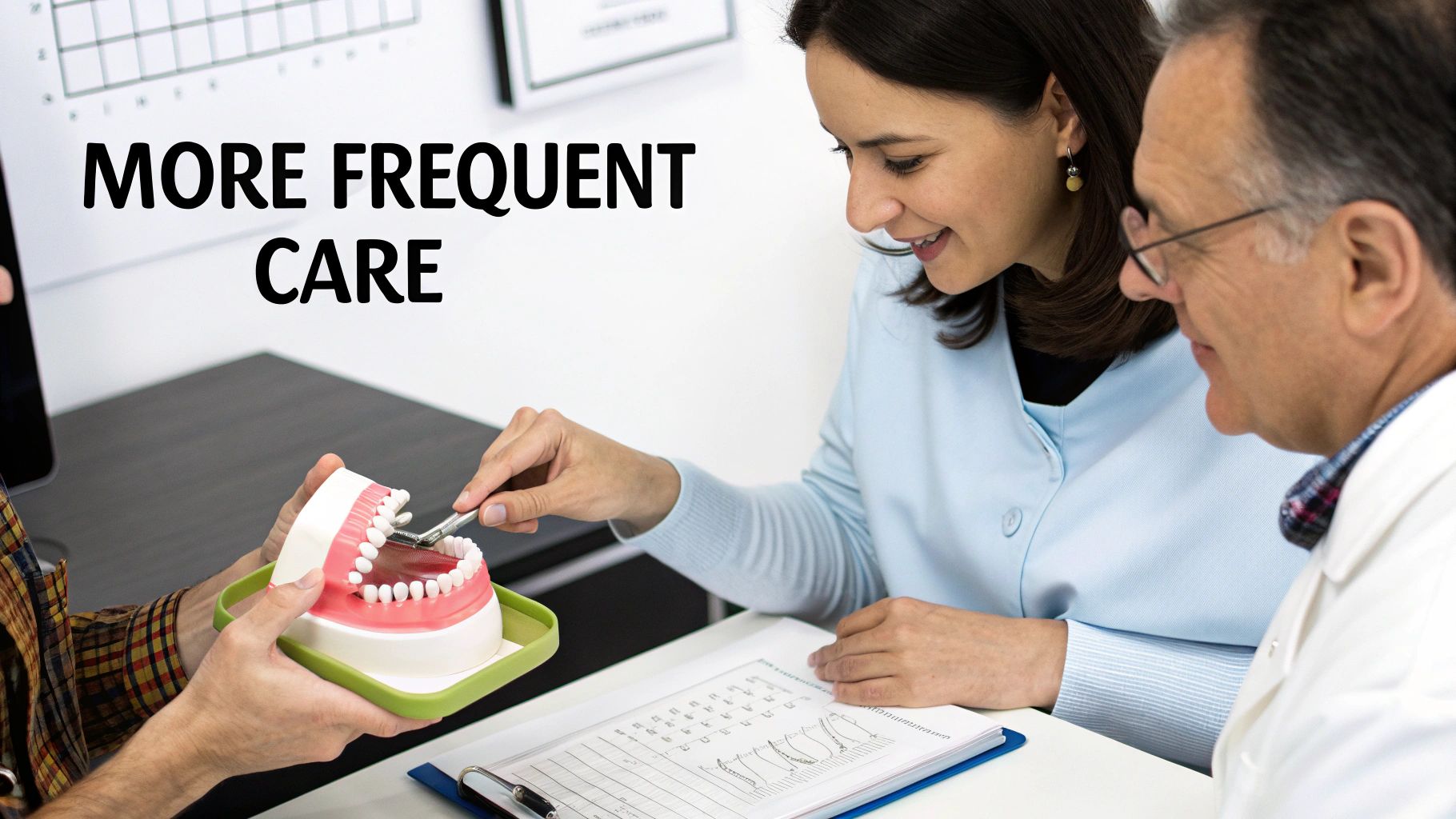 A female dentist explains oral health to a male patient using a dental model, promoting frequent care.