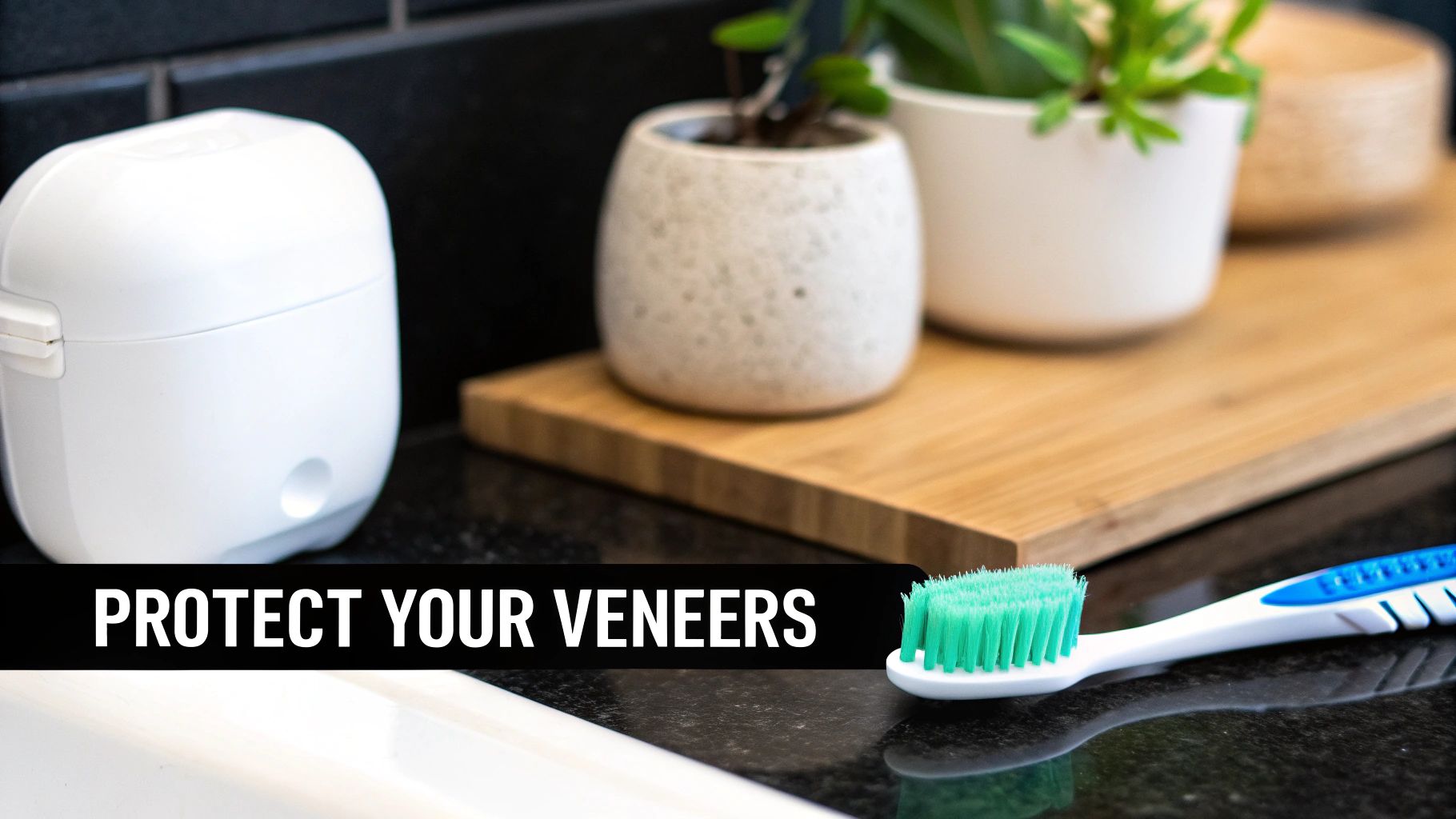 A toothbrush, dental retainer case, and plants on a countertop with text "PROTECT YOUR VENEERS."