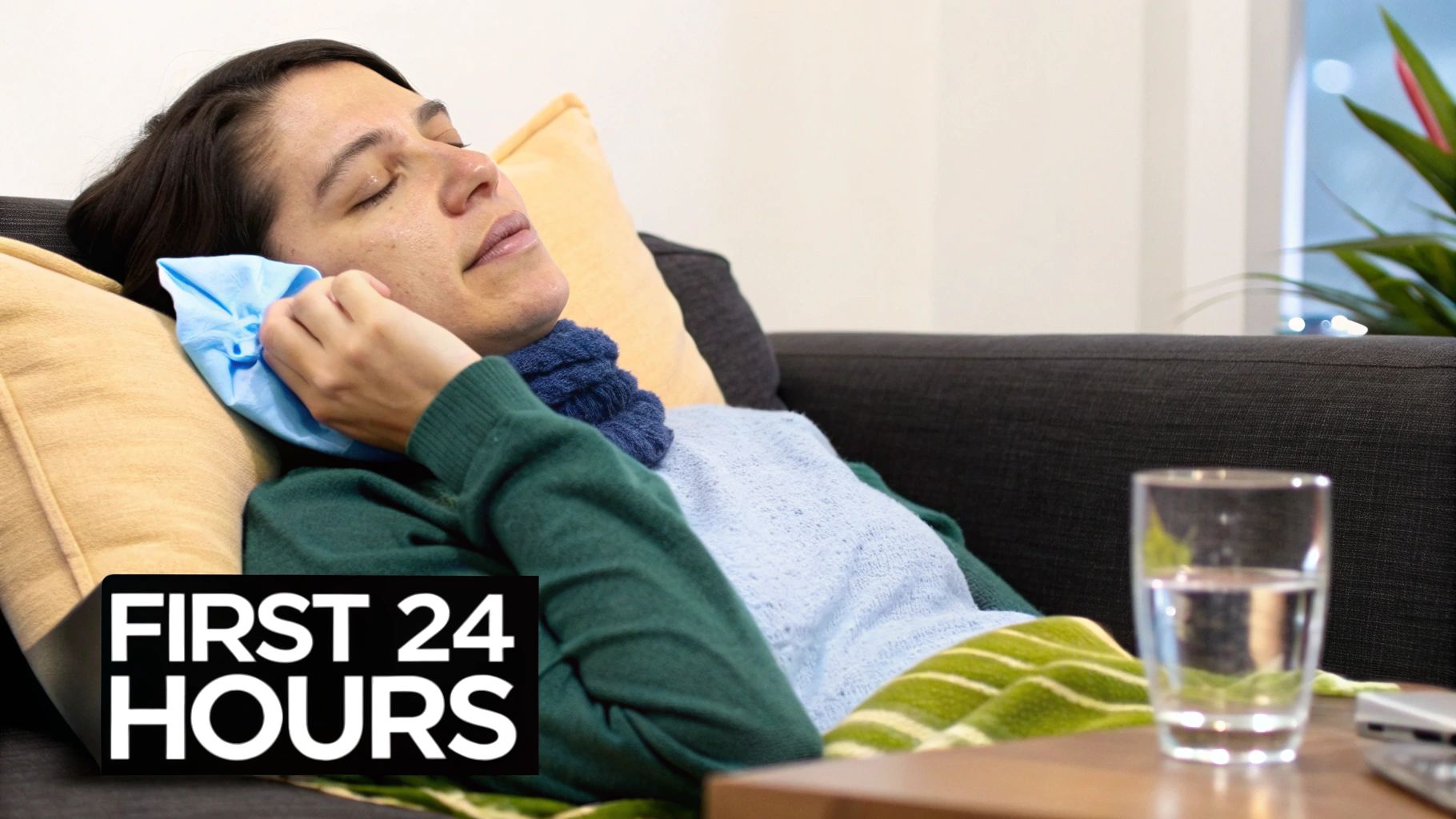 A woman lies on a couch, applying a cold compress to her face during early recovery.