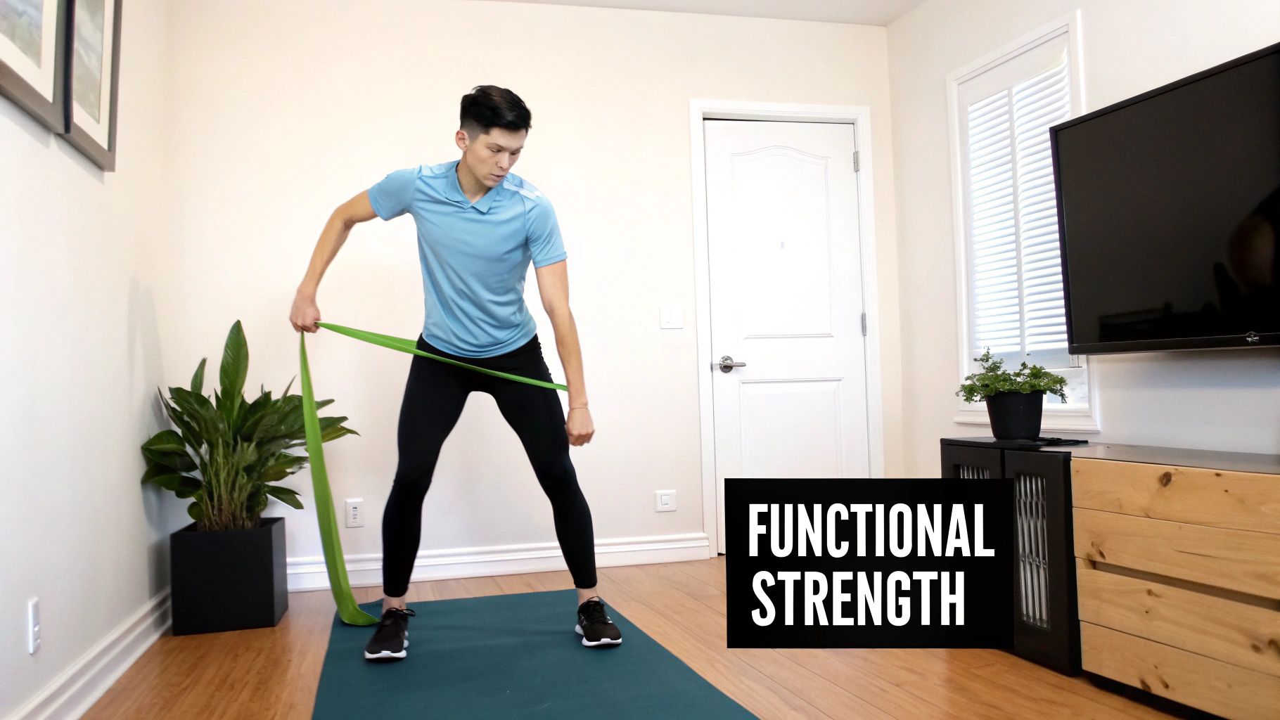 A man performs a functional strength exercise with a green resistance band indoors.