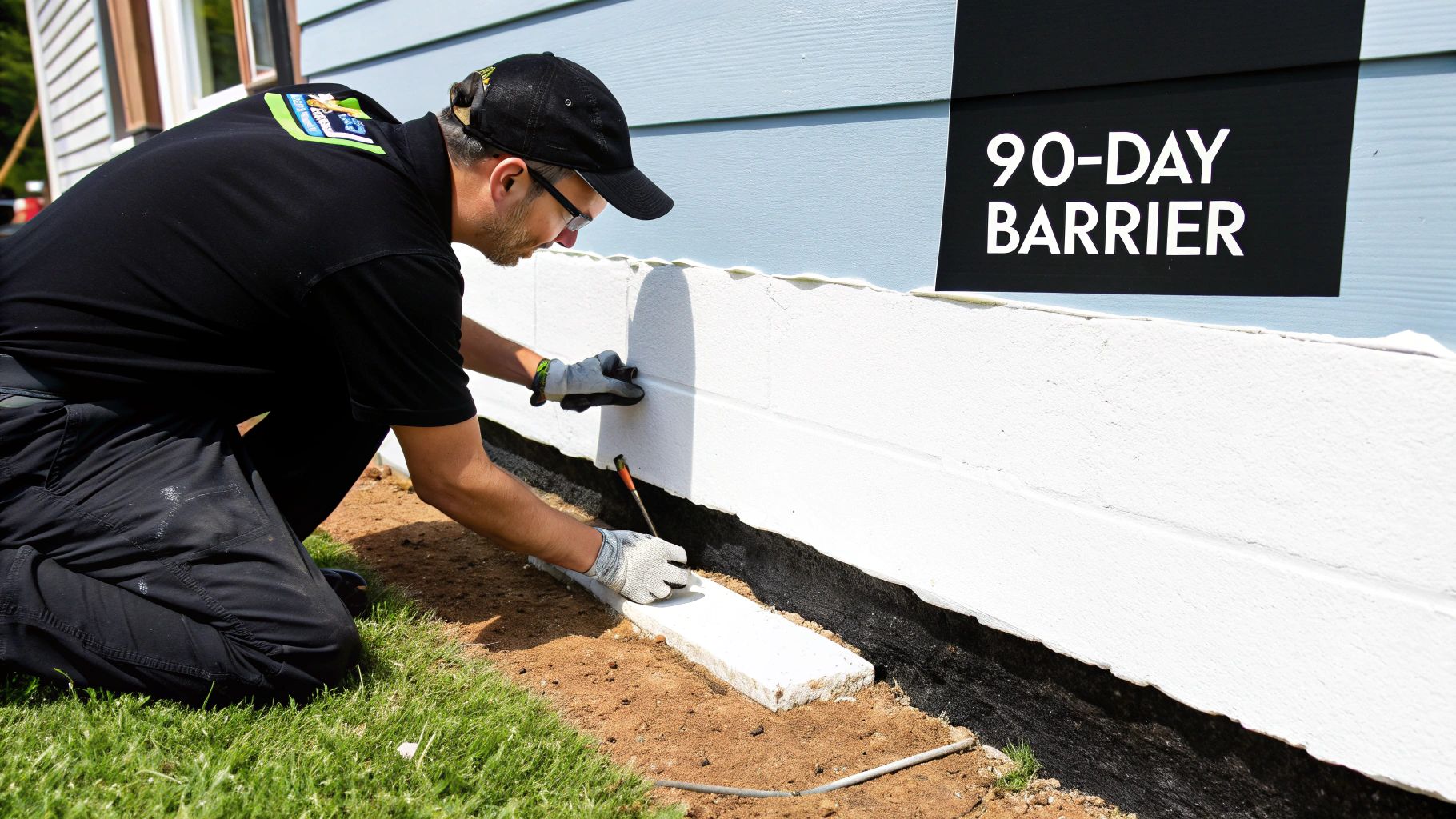 Pest control technician installing a white 90-day barrier along the foundation of a house.