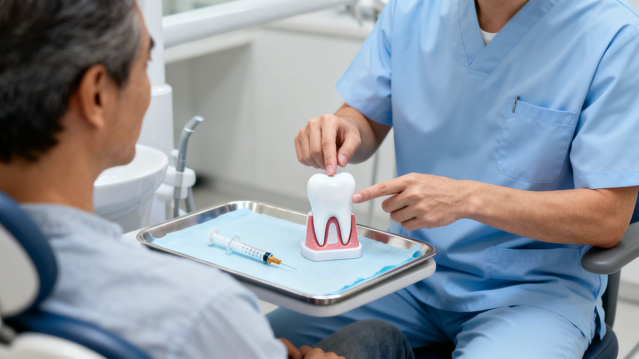 Charles E. Boren | Dentist in Bellaire, TX: How Long Does Numbing Last After Tooth Extraction? A dentist in blue scrubs explains a dental procedure to a patient using a tooth model and a syringe.