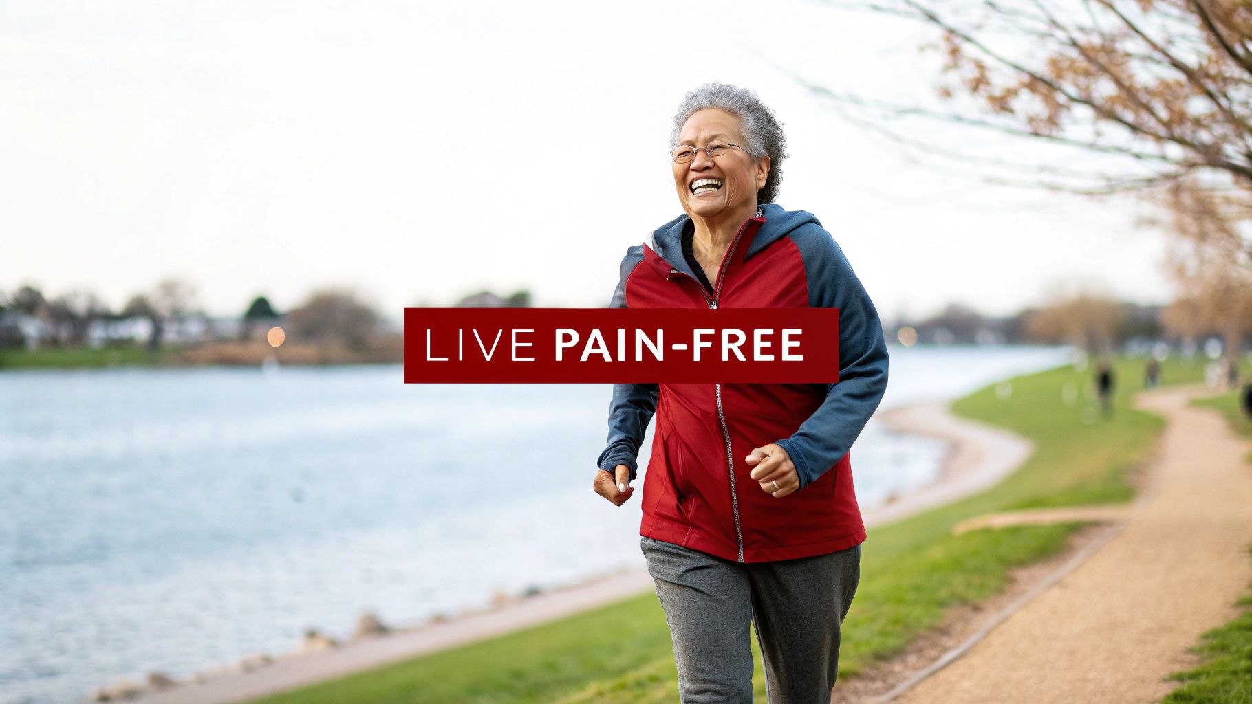 Happy elderly Asian woman jogging outdoors by a lake, living a pain-free life.