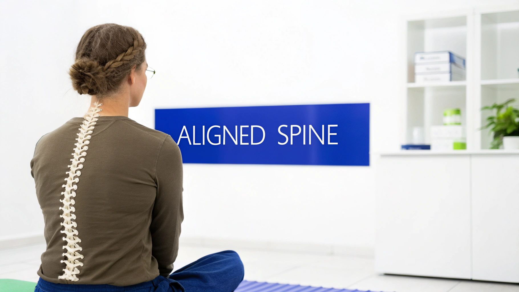 Rear view of a person with a spine model on their back, facing a banner saying 'ALIGNED SPINE'.