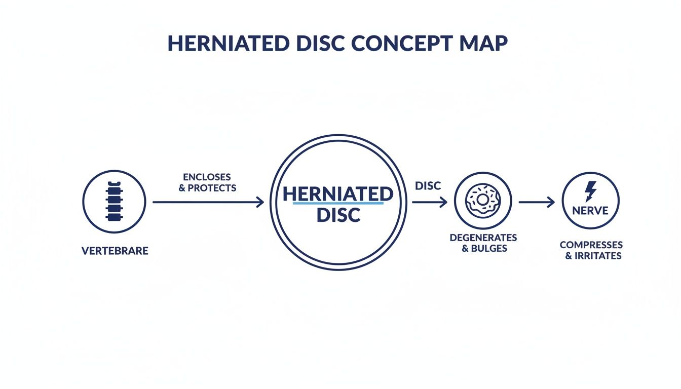 A concept map illustrating the progression from vertebrae to a herniated disc and nerve compression.