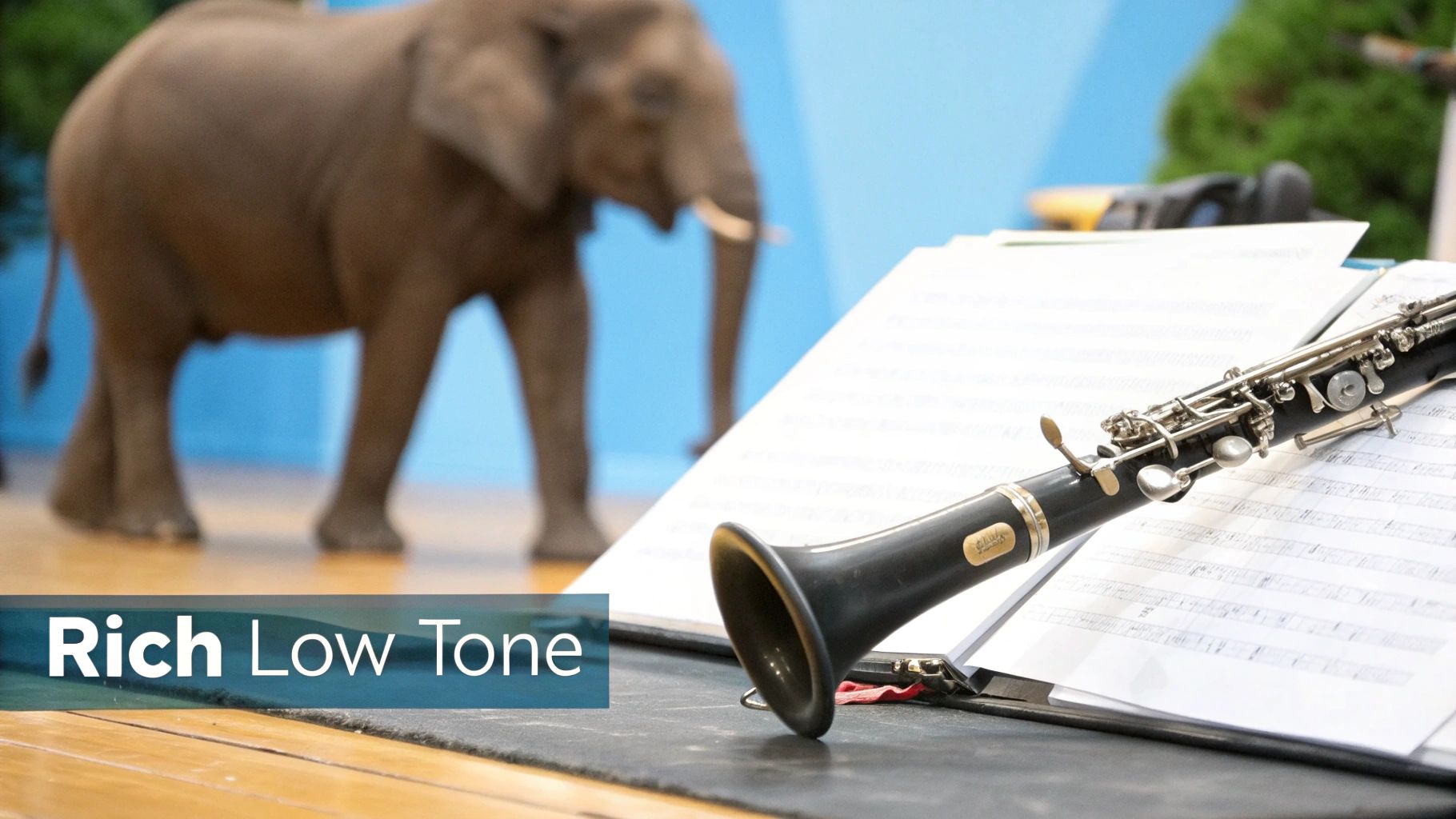 A black clarinet rests on sheet music in the foreground, with a blurry elephant in the background.
