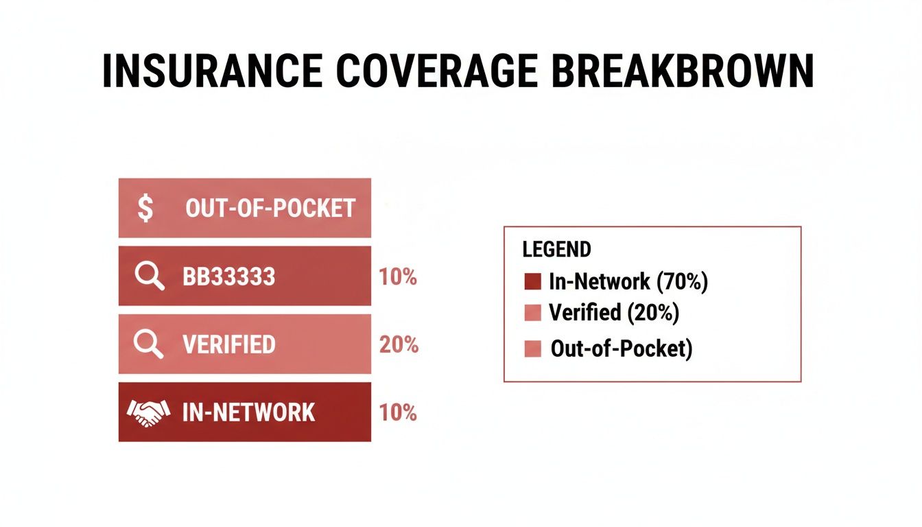 Insurance coverage breakdown showing categories like In-Network, Verified, and Out-of-Pocket with associated percentages.