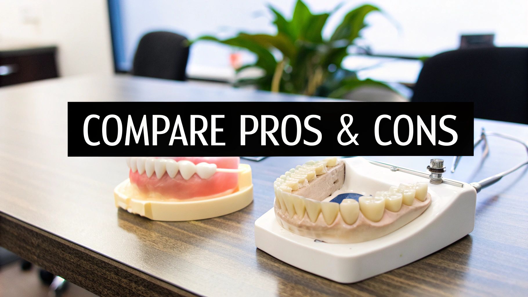 Two dental models on a table, with a text overlay comparing dental pros and cons.
