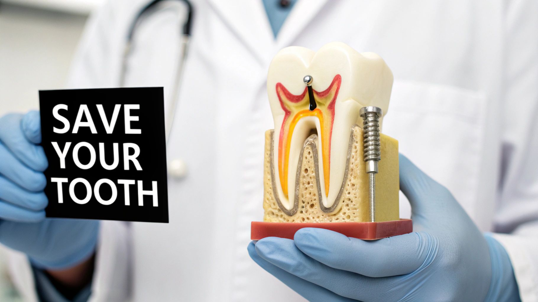 A dentist in blue gloves holds a tooth model showing a root canal and a "SAVE YOUR TOOTH" sign.