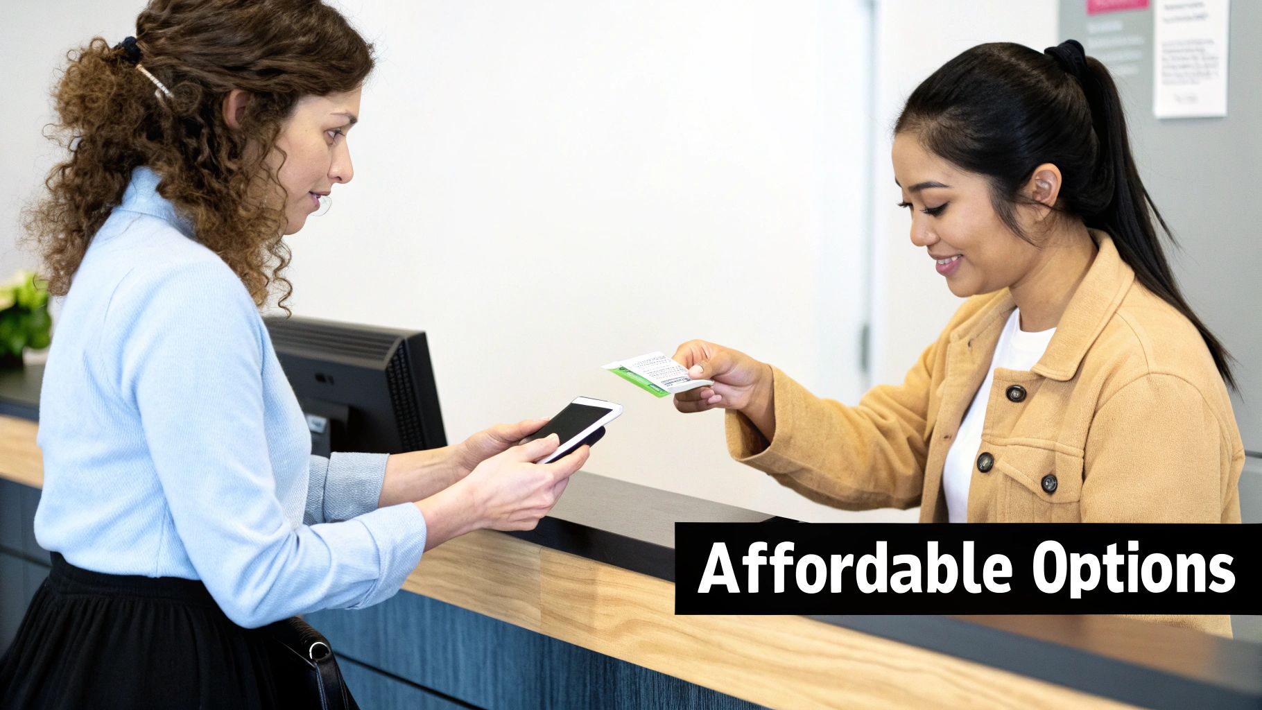 Two women at a counter, one with a smartphone and the other presenting a card, engaging in a transaction.