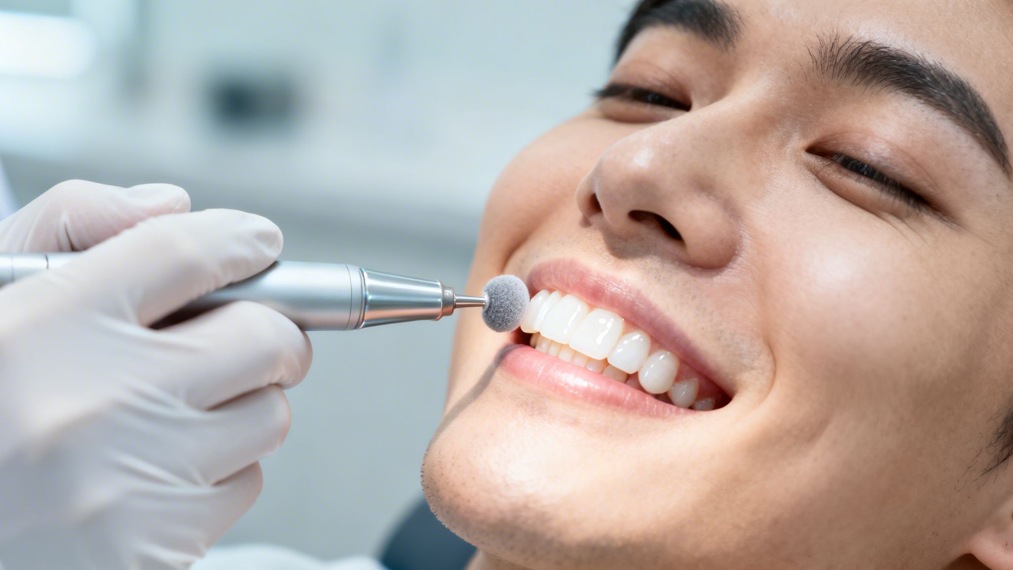 Charles E. Boren | How Long Do Veneers Last? A Cosmetic Dentist in Bellaire, TX Explains Smiling patient receiving professional teeth polishing by a dentist in a modern clinic.