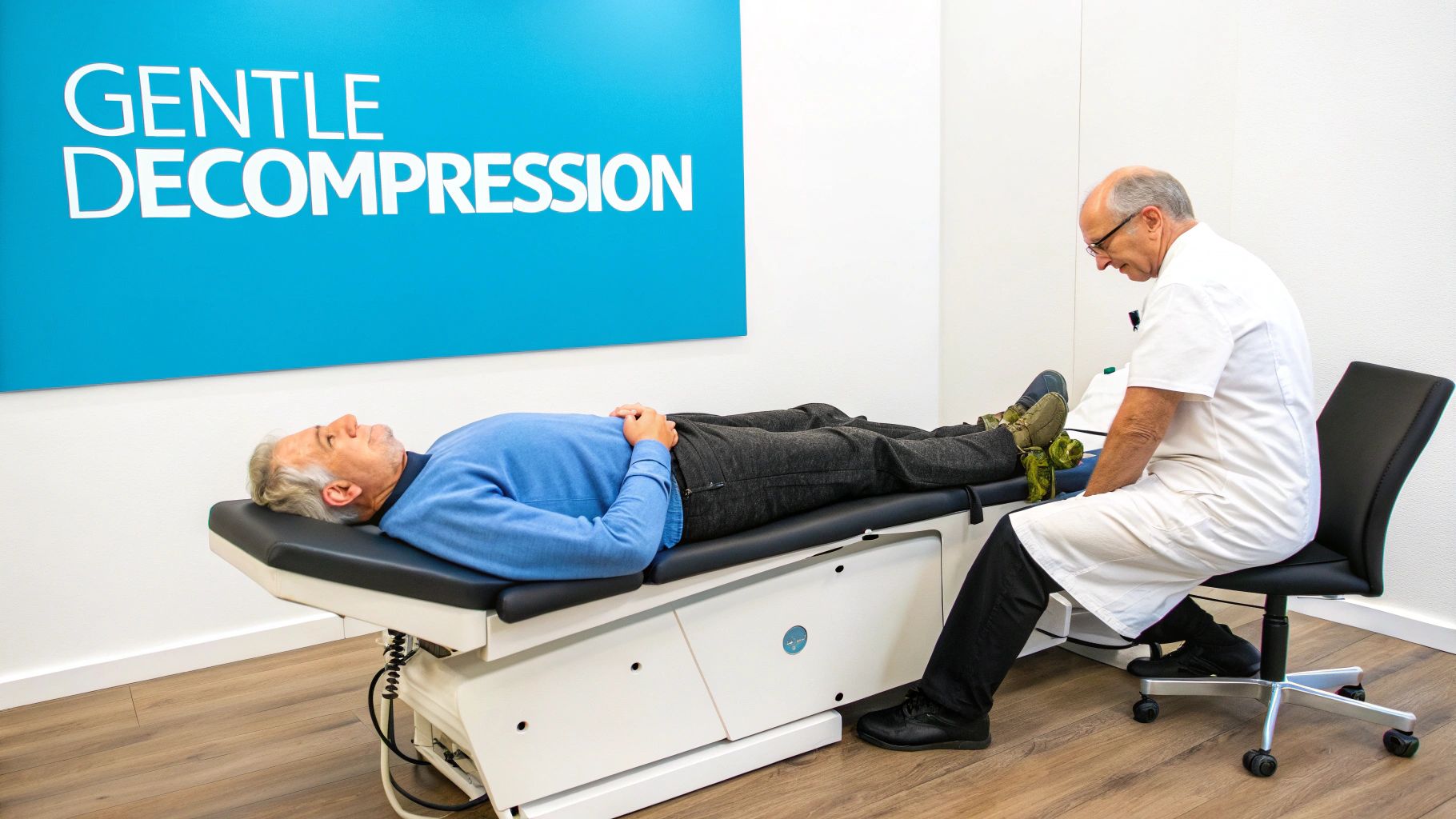 A man is lying on a medical table, being attended by a therapist for gentle decompression.