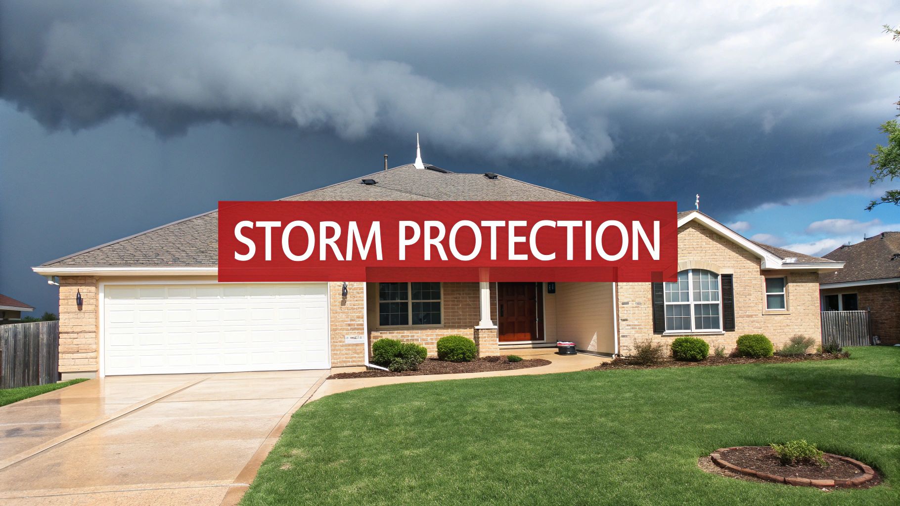 A suburban house with a green lawn and driveway under a stormy sky, featuring a red banner reading 'STORM PROTECTION'.
