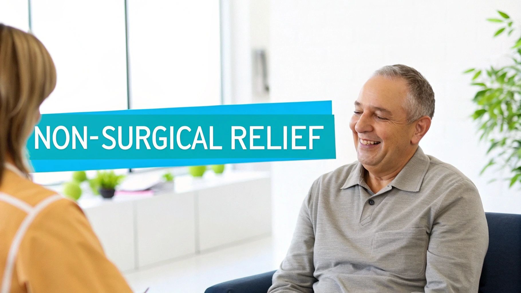 A smiling man in a grey polo shirt discusses non-surgical relief with a woman in a consultation.