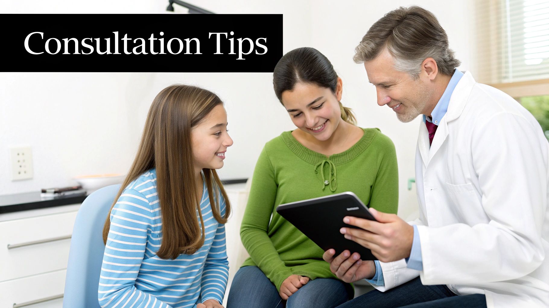 A smiling doctor shows a tablet to a guardian and child during an orthodontic consultation.
