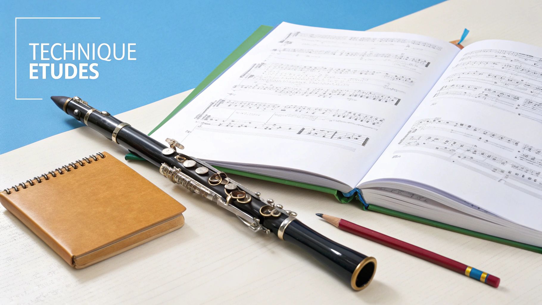 A clarinet, open music book displaying sheet music, notebook, and pencil on a table.