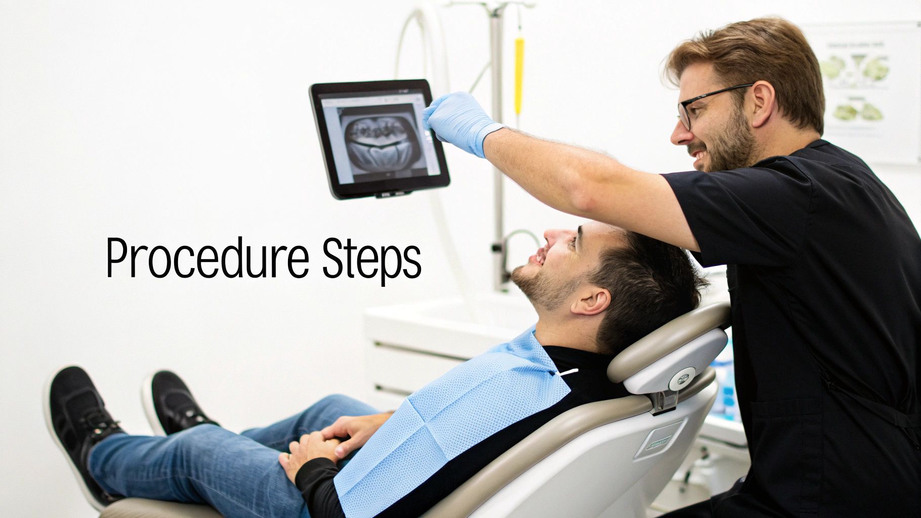 Dentist showing a male patient dental X-rays on a tablet in a modern clinic.