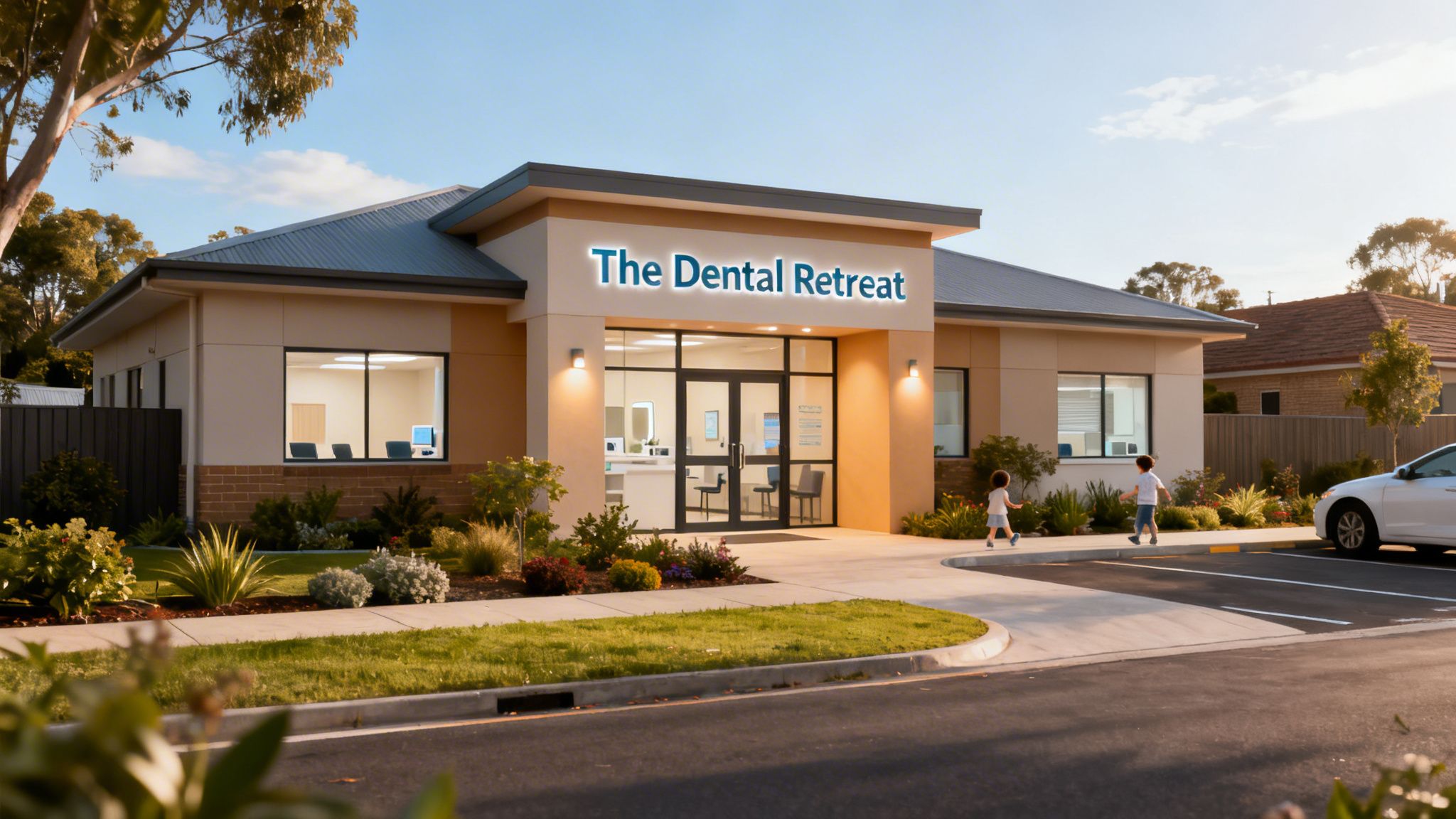 A welcoming modern dental clinic, 'The Dental Retreat,' at sunset with children walking by.