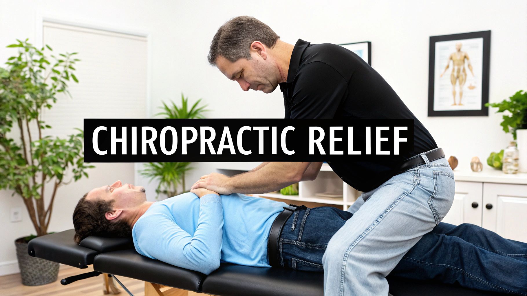 A chiropractor performing an adjustment on a male patient lying on a treatment table, with text "CHIROPRACTIC RELIEF".