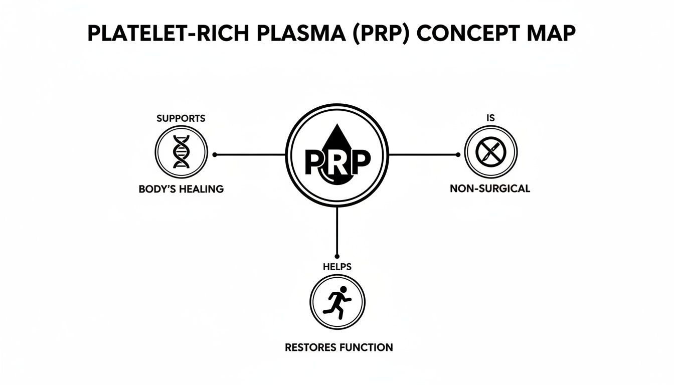 A concept map illustrating Platelet-Rich Plasma (PRP), highlighting it supports healing, is non-surgical, and restores function.