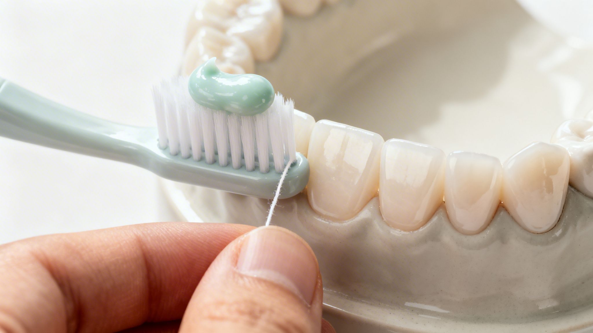 A hand demonstrates brushing and flossing a dental model with realistic veneers, showing proper oral hygiene.