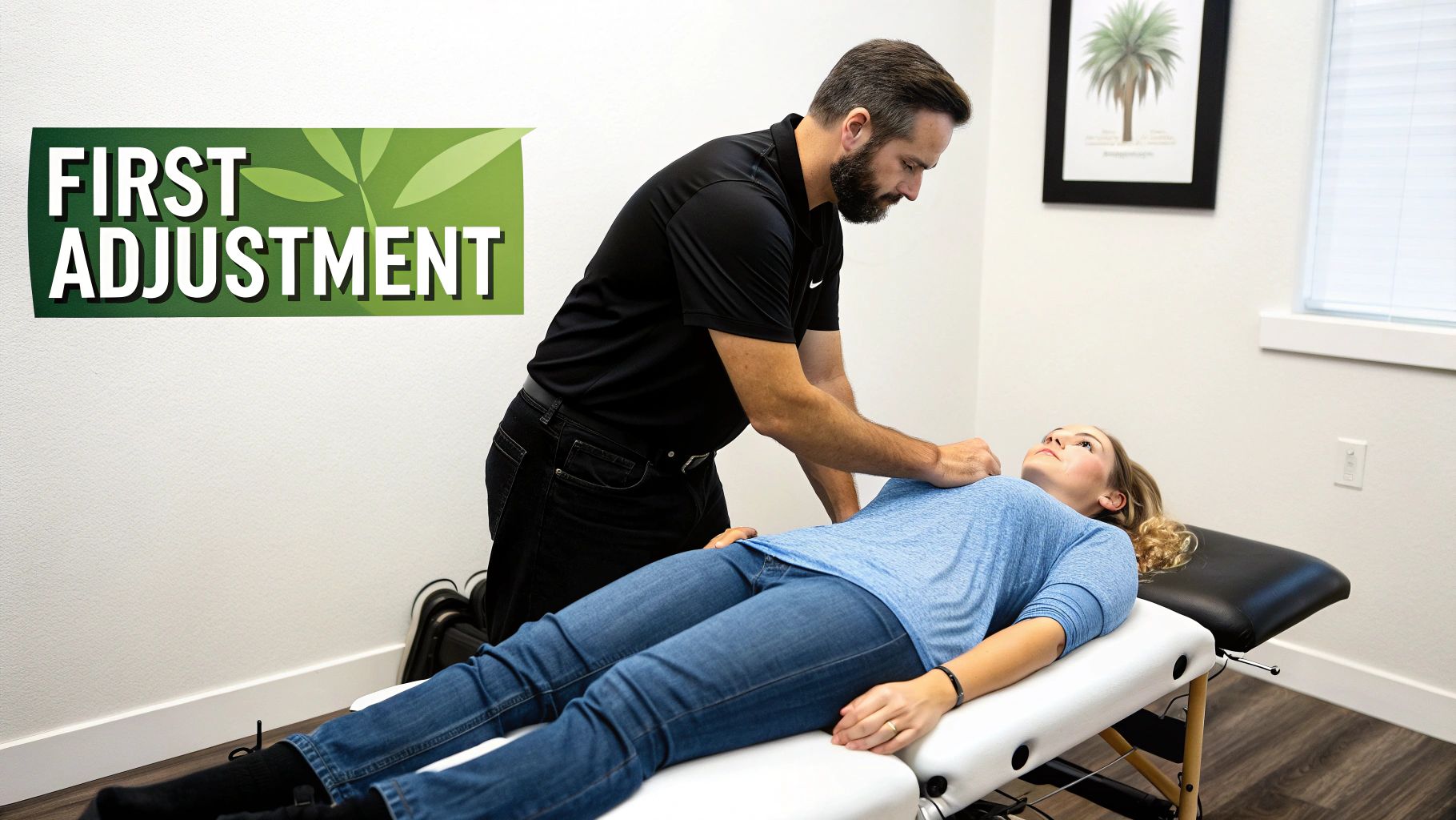 A male chiropractor performs a first adjustment on a female patient lying on a treatment table.