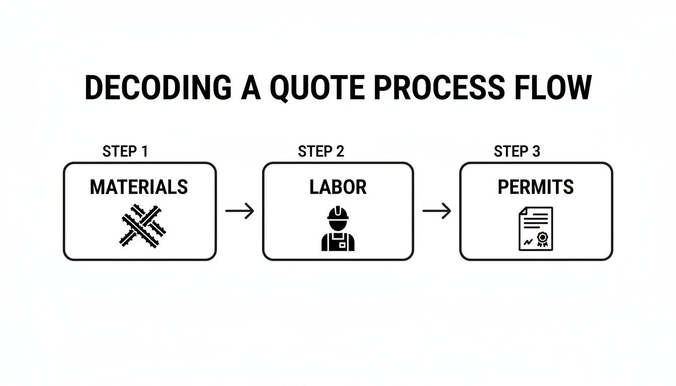 A three-step process flow diagram illustrating how to decode a construction quote, covering materials, labor, and permits.