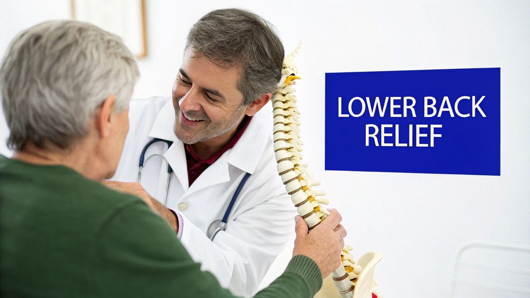 A smiling doctor uses a spine model to explain lower back relief to an elderly patient.